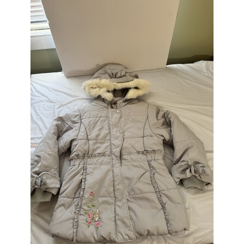 Vintage Peter Rabbit Girls Coat Hooded Puffer Faux Fur Gray Embroidered Size 5-6